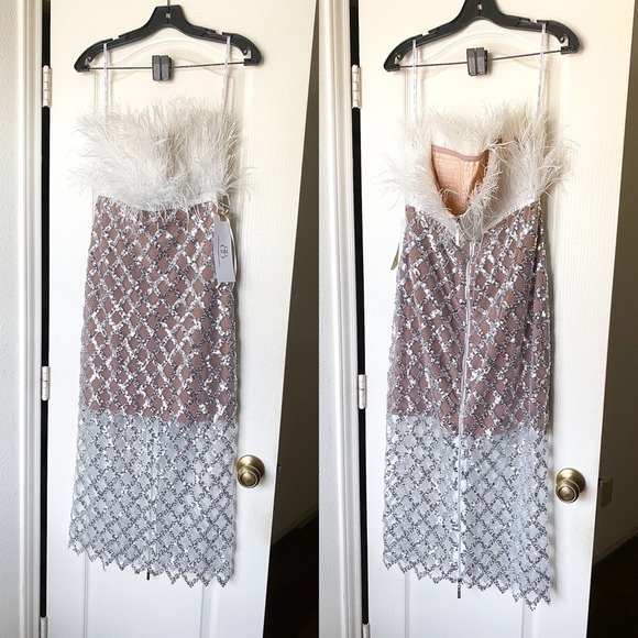 Bronx & Banco Afiyá x Coco Feather Sequin Midi Dress White Silver Size Large NWT - Picture 3 of 9